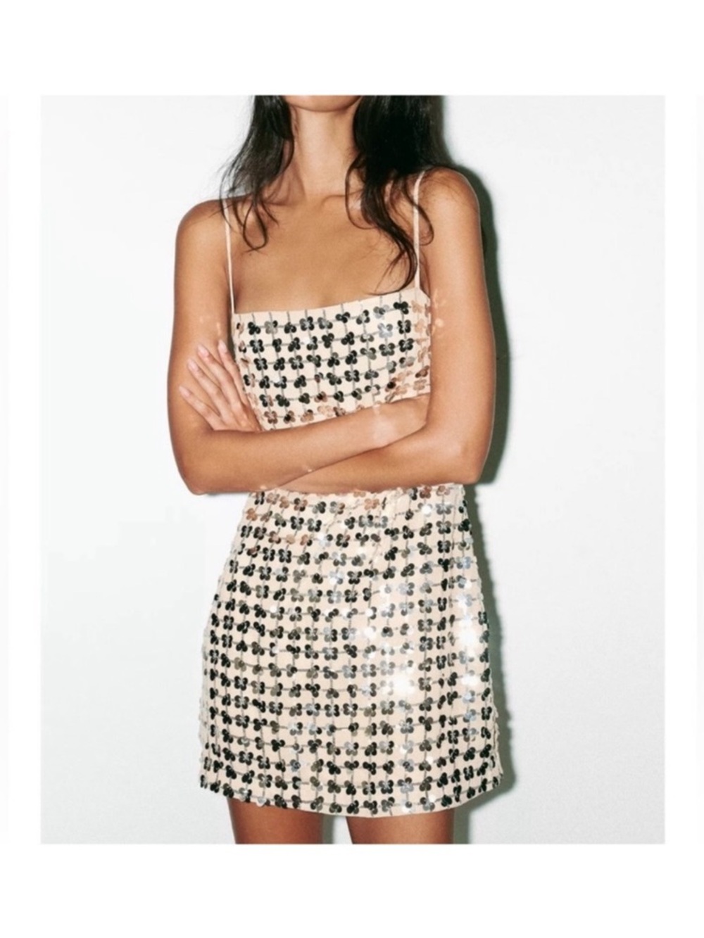 Zara Sequin Mini Slip Dress in Nude with Silver Accents
